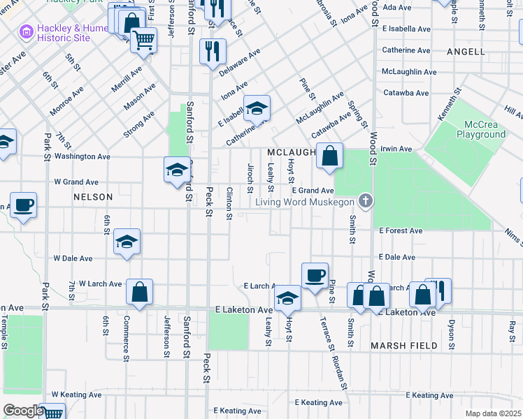 map of restaurants, bars, coffee shops, grocery stores, and more near 125 East Southern Avenue in Muskegon