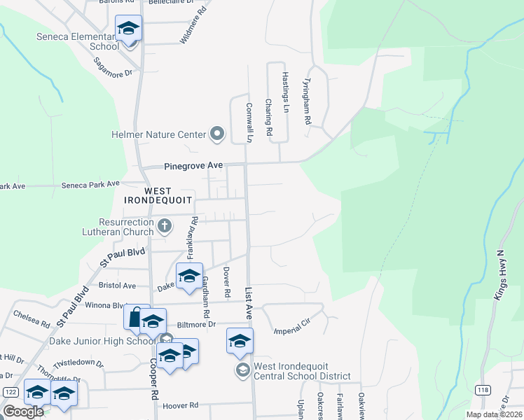 map of restaurants, bars, coffee shops, grocery stores, and more near 16 Von Deben Lane in Rochester