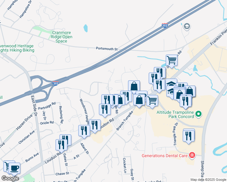 map of restaurants, bars, coffee shops, grocery stores, and more near 227 Loudon Road in Concord