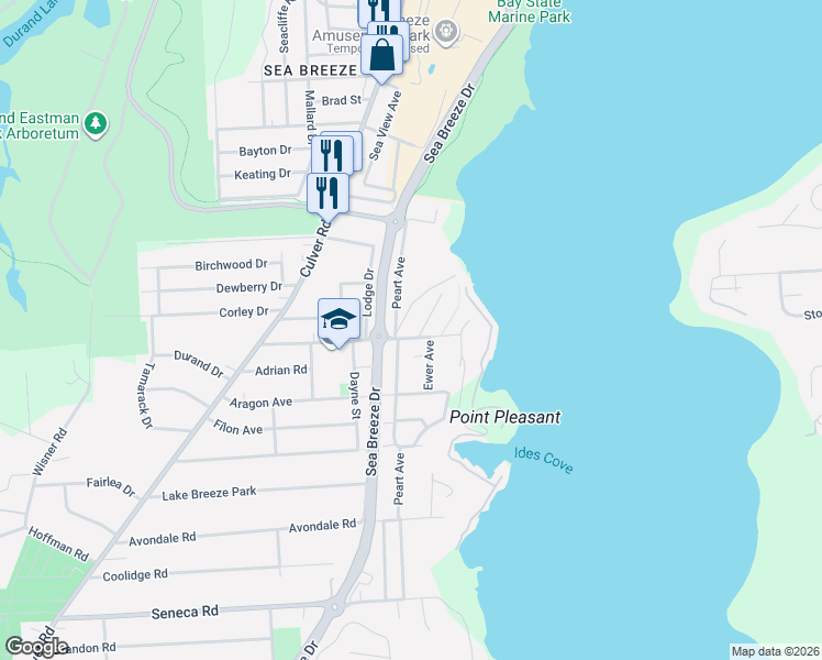 map of restaurants, bars, coffee shops, grocery stores, and more near 190 Point Pleasant Road in Rochester