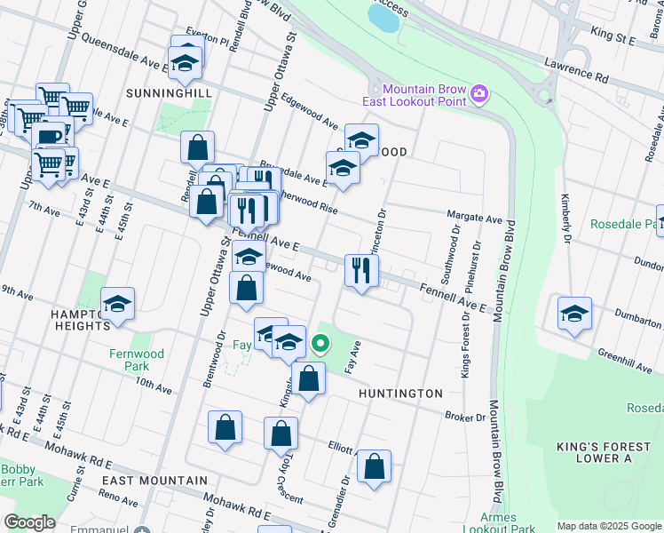 map of restaurants, bars, coffee shops, grocery stores, and more near 10 Organ Crescent in Hamilton