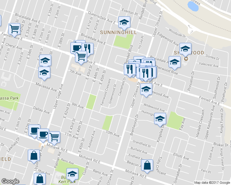 map of restaurants, bars, coffee shops, grocery stores, and more near 33 Greenwood Street in Hamilton
