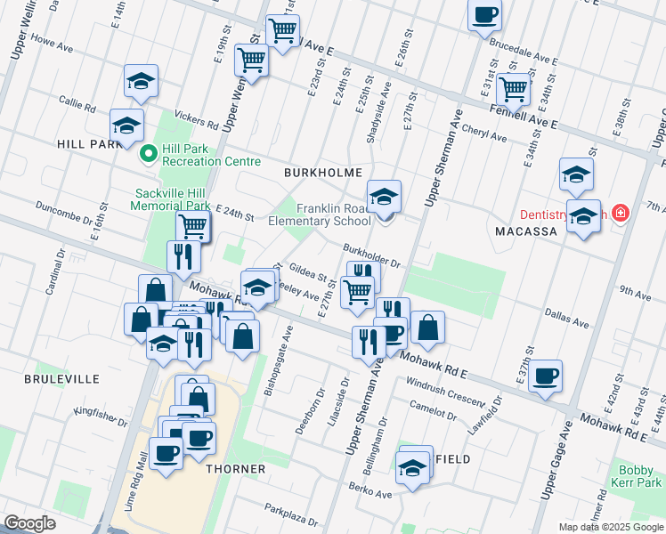 map of restaurants, bars, coffee shops, grocery stores, and more near 545 East 27th Street in Hamilton