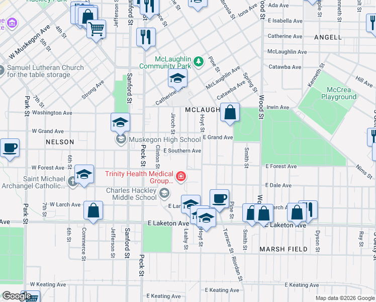 map of restaurants, bars, coffee shops, grocery stores, and more near 125 East Southern Avenue in Muskegon