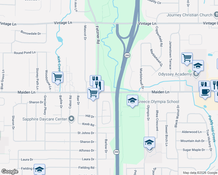 map of restaurants, bars, coffee shops, grocery stores, and more near 1252 Maiden Lane in Rochester