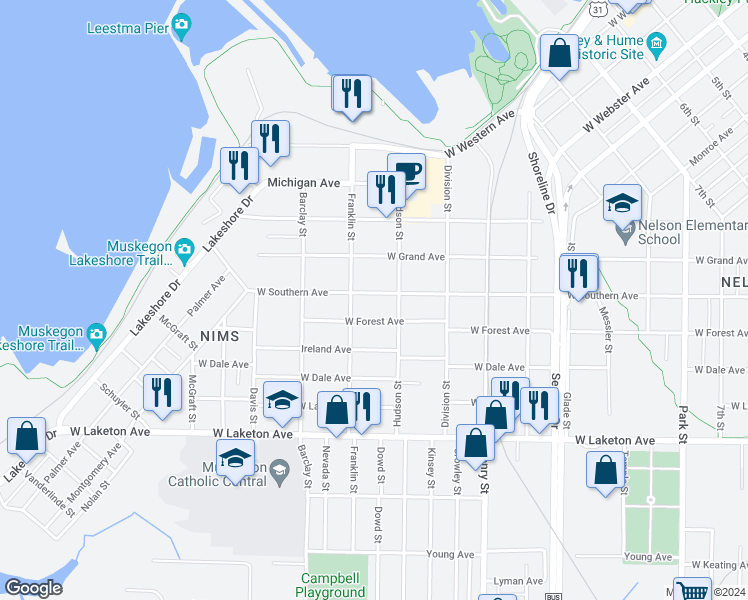 map of restaurants, bars, coffee shops, grocery stores, and more near 995 West Southern Avenue in Muskegon