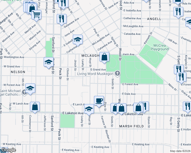 map of restaurants, bars, coffee shops, grocery stores, and more near 1564 Terrace Street in Muskegon