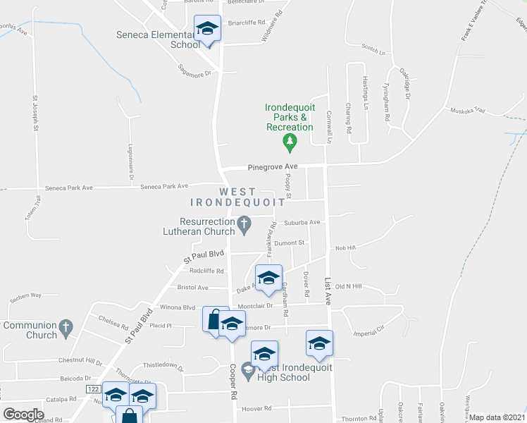 map of restaurants, bars, coffee shops, grocery stores, and more near 149 Frankland Road in Rochester