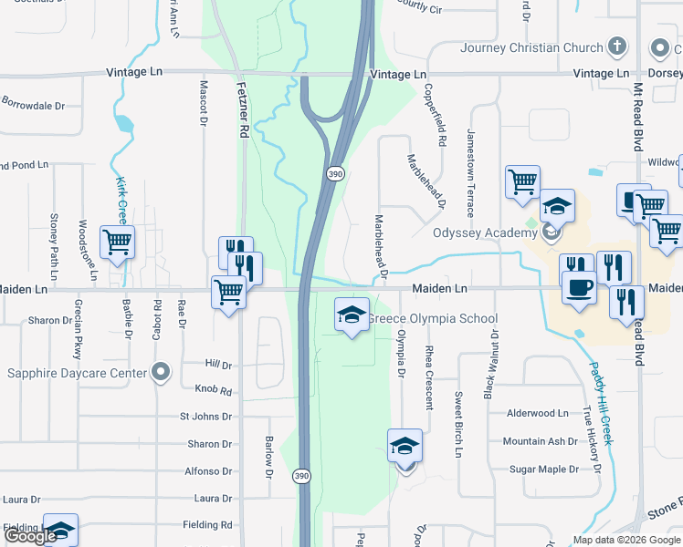 map of restaurants, bars, coffee shops, grocery stores, and more near 3 Old Pine Lane in Rochester