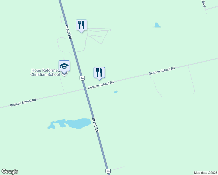 map of restaurants, bars, coffee shops, grocery stores, and more near 302 German School Road in Brant
