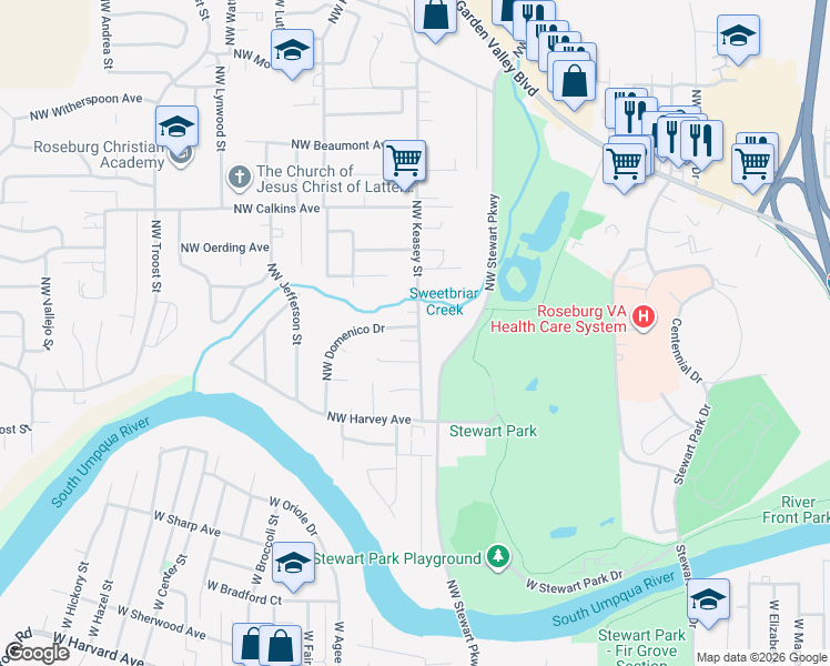 map of restaurants, bars, coffee shops, grocery stores, and more near 1352 Northwest Keasey Street in Roseburg