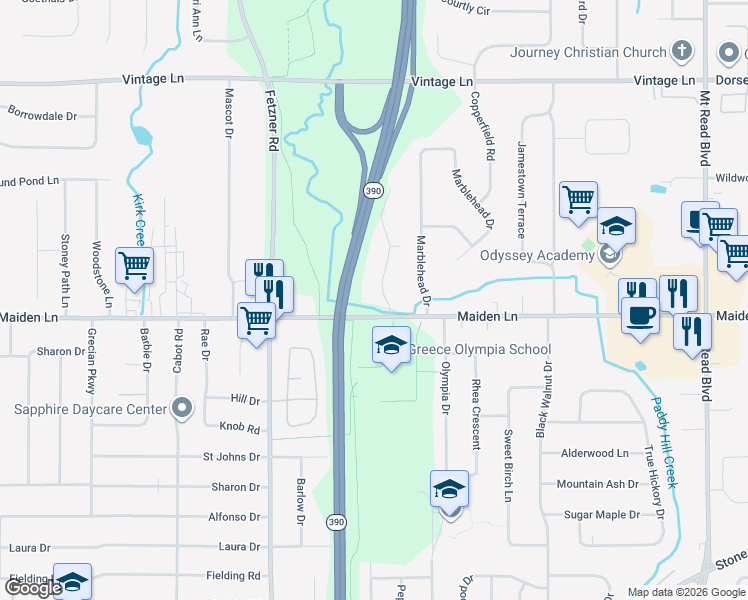 map of restaurants, bars, coffee shops, grocery stores, and more near 3 Old Pine Lane in Rochester