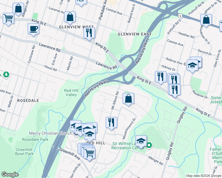 map of restaurants, bars, coffee shops, grocery stores, and more near 262 Hixon Road in Hamilton