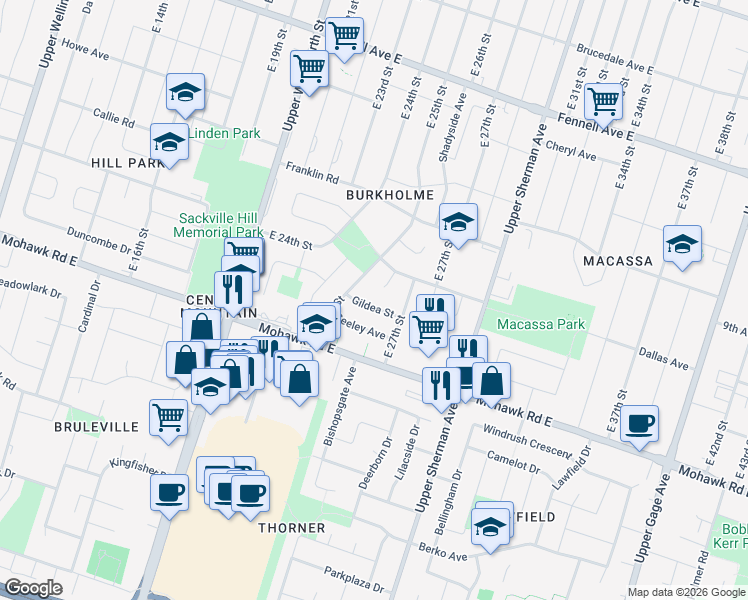 map of restaurants, bars, coffee shops, grocery stores, and more near 29 Gildea Street in Hamilton