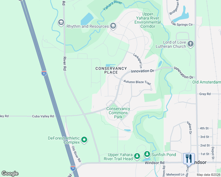 map of restaurants, bars, coffee shops, grocery stores, and more near 6962 Crystal Creek Lane in DeForest