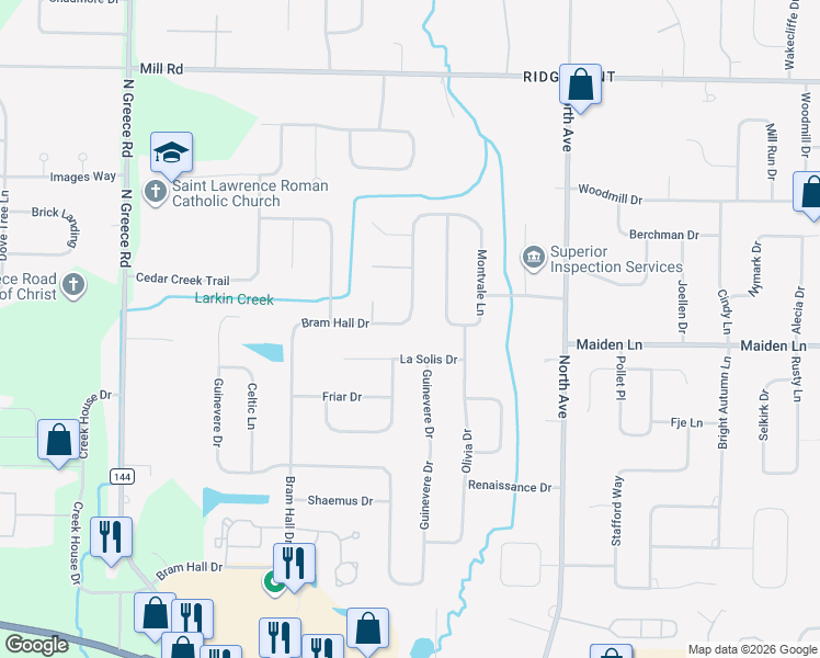 map of restaurants, bars, coffee shops, grocery stores, and more near 285 Bram Hall Drive in Rochester