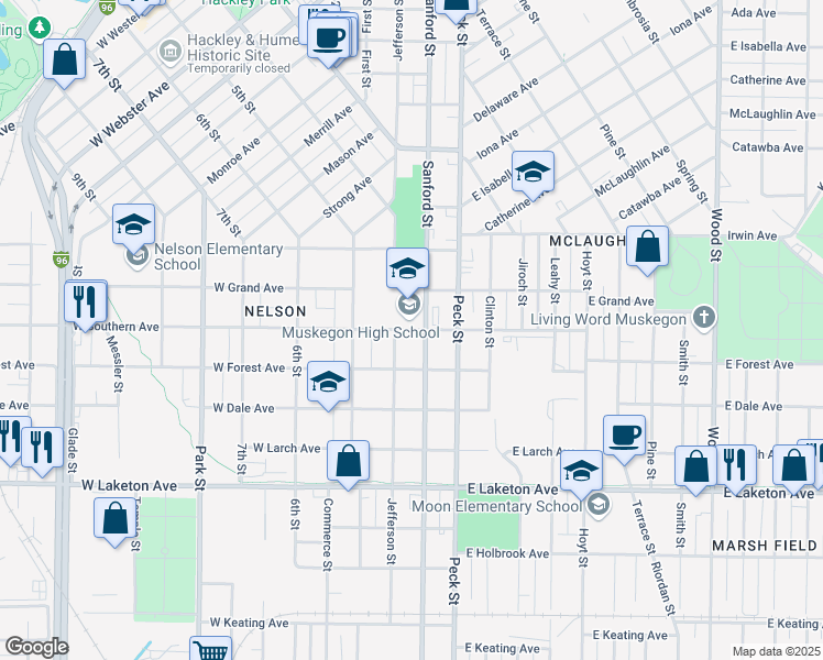 map of restaurants, bars, coffee shops, grocery stores, and more near 80 West Southern Avenue in Muskegon