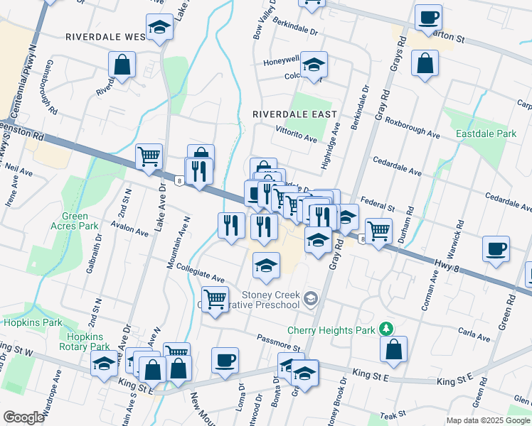 map of restaurants, bars, coffee shops, grocery stores, and more near 6 Highway 8 in Hamilton