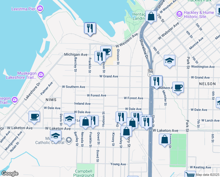 map of restaurants, bars, coffee shops, grocery stores, and more near 917 West Southern Avenue in Muskegon