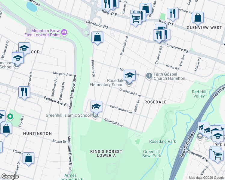 map of restaurants, bars, coffee shops, grocery stores, and more near 279 Rosedale Avenue in Hamilton