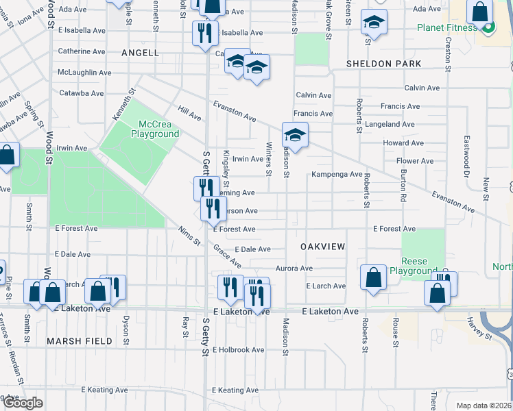 map of restaurants, bars, coffee shops, grocery stores, and more near 919 Emerson Avenue in Muskegon