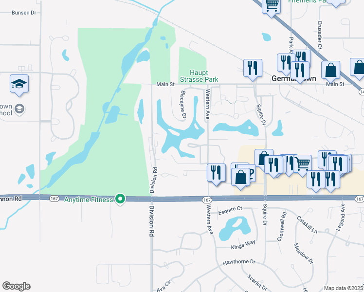 map of restaurants, bars, coffee shops, grocery stores, and more near N113W16967 Murillo Drive in Germantown
