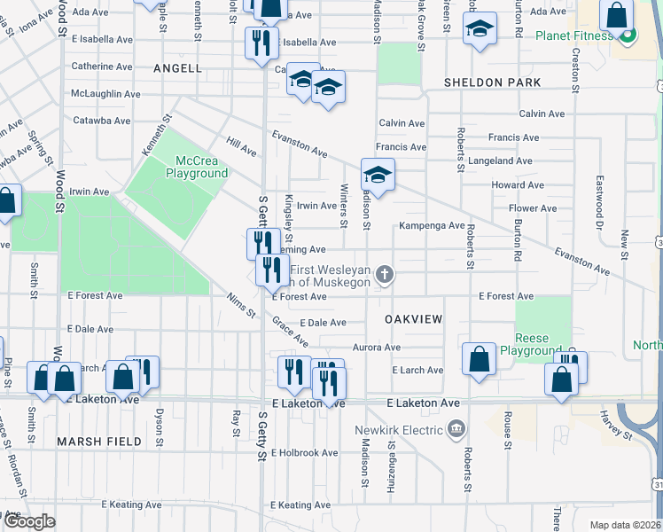 map of restaurants, bars, coffee shops, grocery stores, and more near 919 Emerson Avenue in Muskegon
