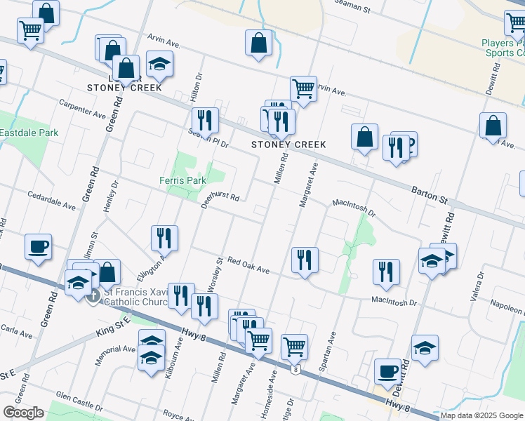 map of restaurants, bars, coffee shops, grocery stores, and more near 257 Millen Road in Hamilton