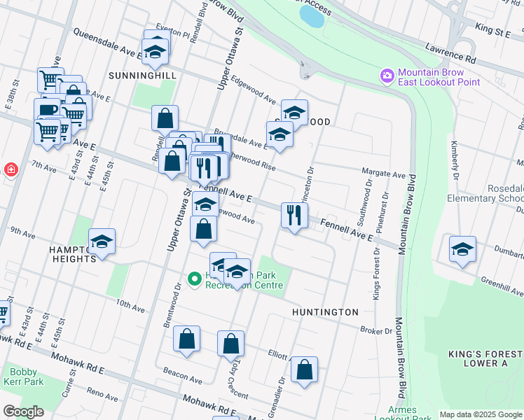 map of restaurants, bars, coffee shops, grocery stores, and more near 1200 Fennell Avenue East in Hamilton
