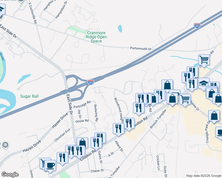 map of restaurants, bars, coffee shops, grocery stores, and more near 0 Highway 9 in Concord