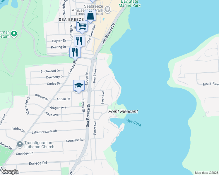 map of restaurants, bars, coffee shops, grocery stores, and more near 241 Point Pleasant Road in Rochester