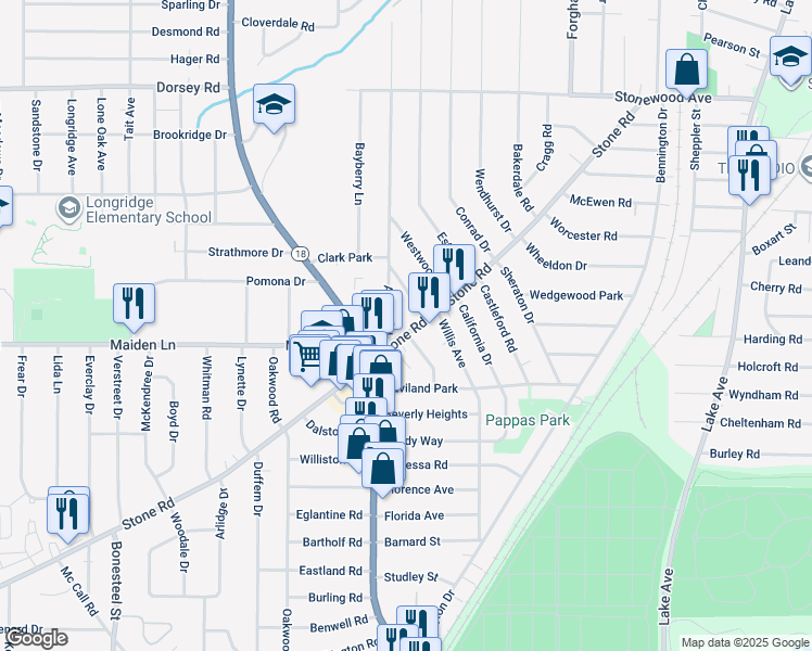 map of restaurants, bars, coffee shops, grocery stores, and more near 489 Stone Road in Rochester