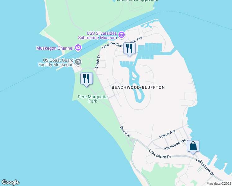 map of restaurants, bars, coffee shops, grocery stores, and more near 3601 Ohio Avenue in Muskegon