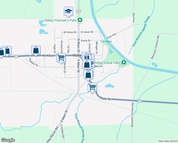 map of restaurants, bars, coffee shops, grocery stores, and more near 1 Public Square in Holley