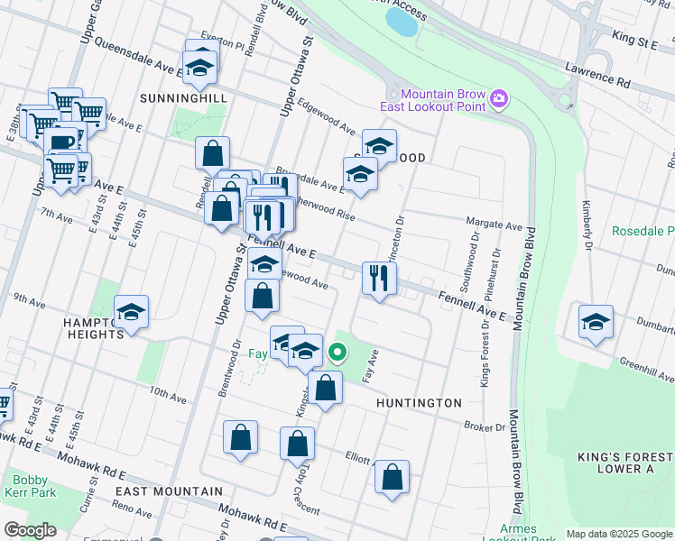 map of restaurants, bars, coffee shops, grocery stores, and more near 1200 Fennell Avenue East in Hamilton