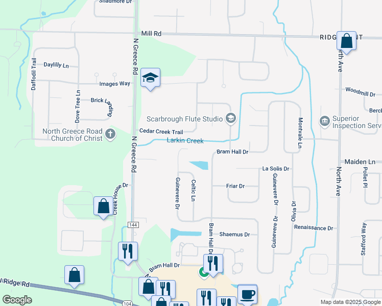 map of restaurants, bars, coffee shops, grocery stores, and more near 1179 Guinevere Drive in Greece