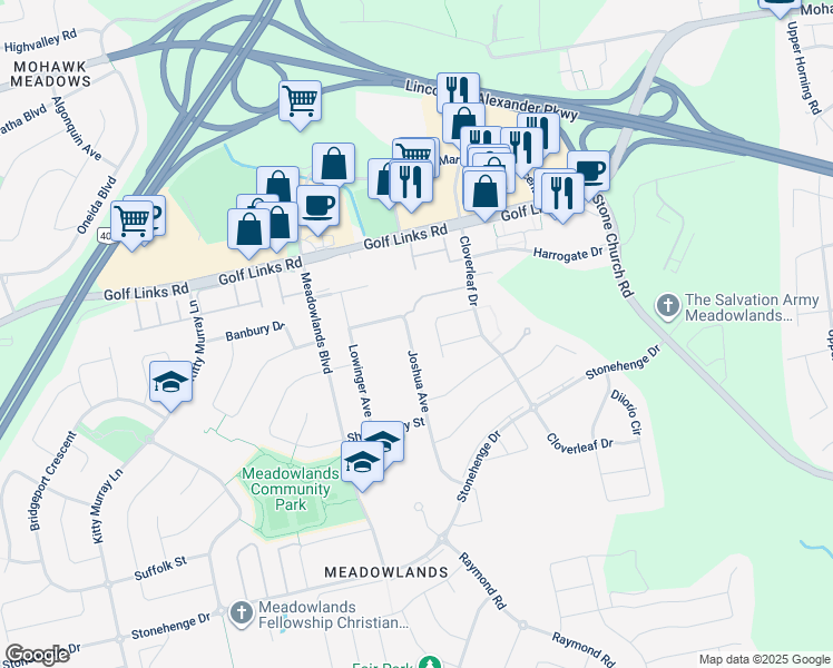 map of restaurants, bars, coffee shops, grocery stores, and more near 71 Joshua Avenue in Hamilton