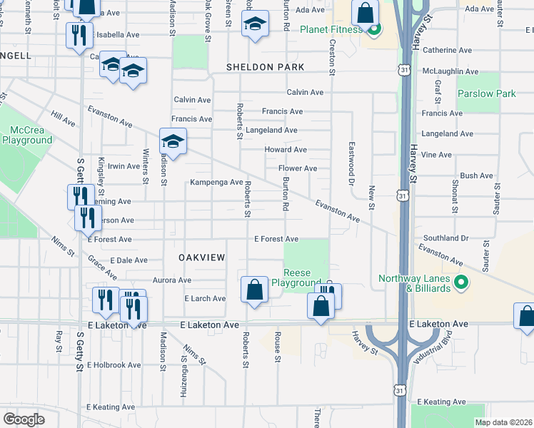 map of restaurants, bars, coffee shops, grocery stores, and more near 1281 Emerson Avenue in Muskegon