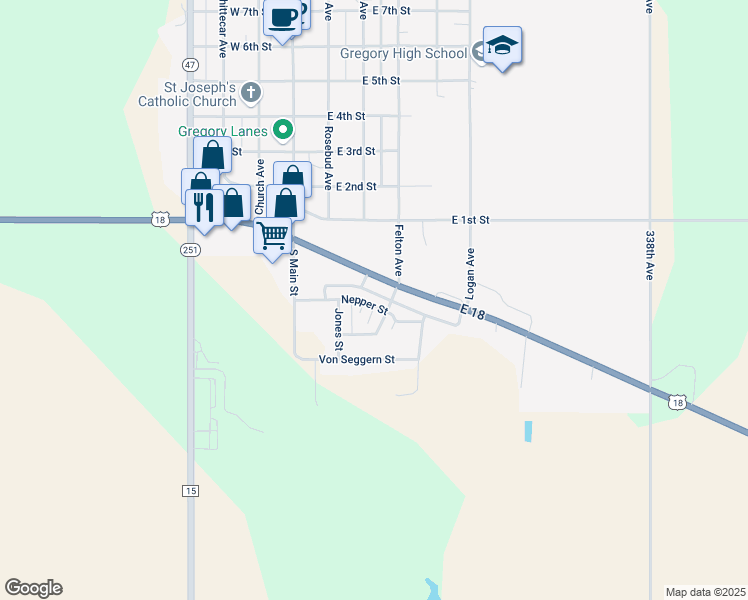 map of restaurants, bars, coffee shops, grocery stores, and more near 114 Nepper Street in Gregory
