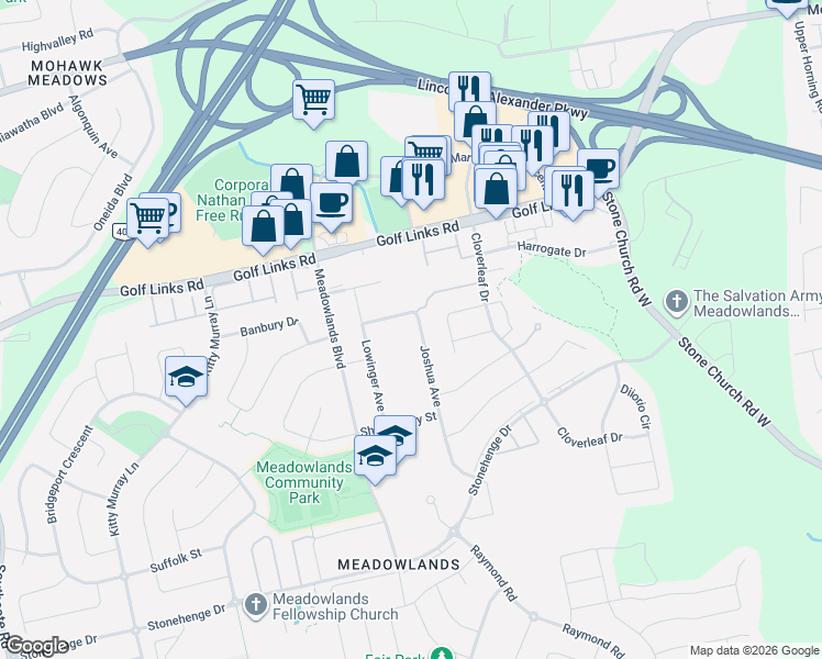 map of restaurants, bars, coffee shops, grocery stores, and more near 64 Joshua Avenue in Hamilton