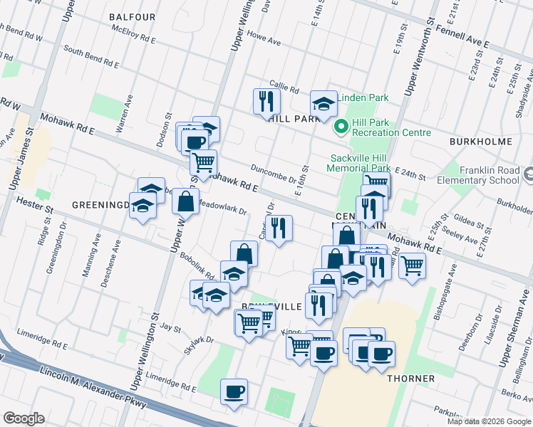 map of restaurants, bars, coffee shops, grocery stores, and more near 27 Cardinal Drive in Hamilton
