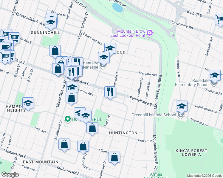 map of restaurants, bars, coffee shops, grocery stores, and more near 144 Princeton Drive in Hamilton