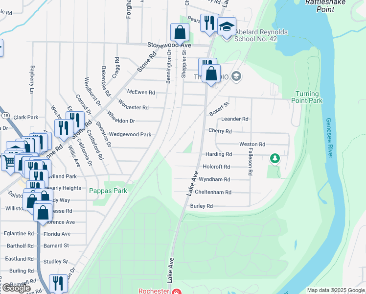 map of restaurants, bars, coffee shops, grocery stores, and more near 19 Boulevard Pkwy Rmp in Rochester