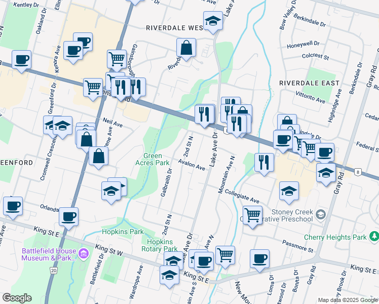 map of restaurants, bars, coffee shops, grocery stores, and more near 104 2nd Street North in Hamilton