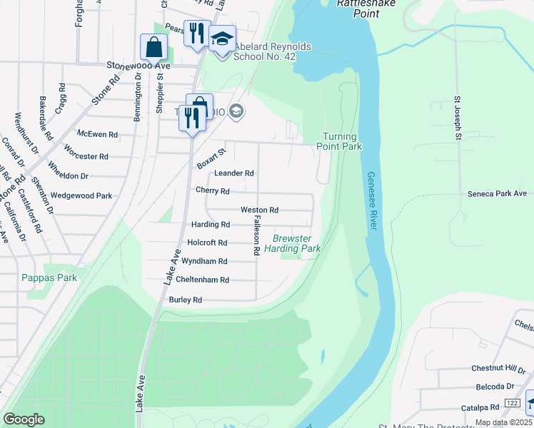 map of restaurants, bars, coffee shops, grocery stores, and more near 127 Weston Road in Rochester