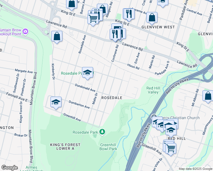 map of restaurants, bars, coffee shops, grocery stores, and more near 543 Cochrane Road in Hamilton