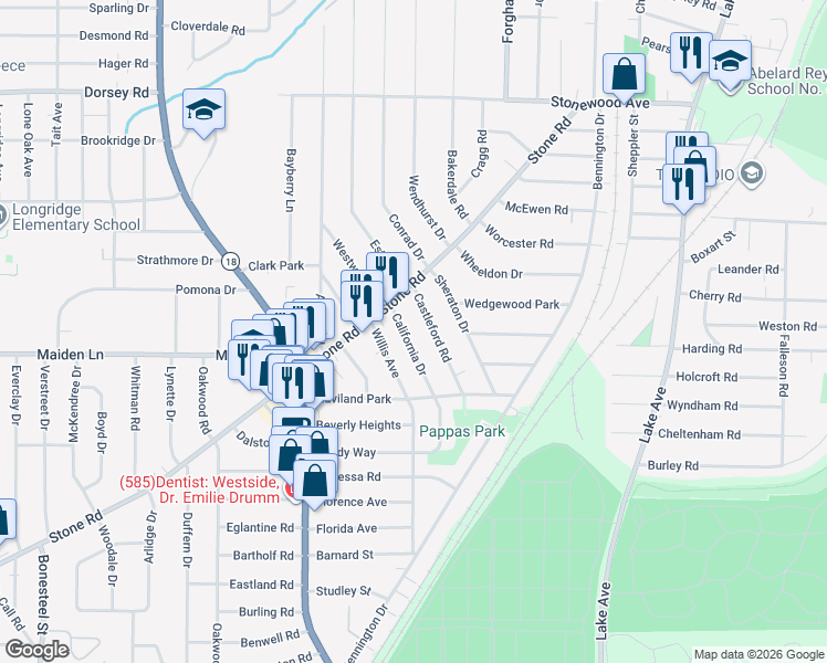 map of restaurants, bars, coffee shops, grocery stores, and more near 168 California Drive in Rochester