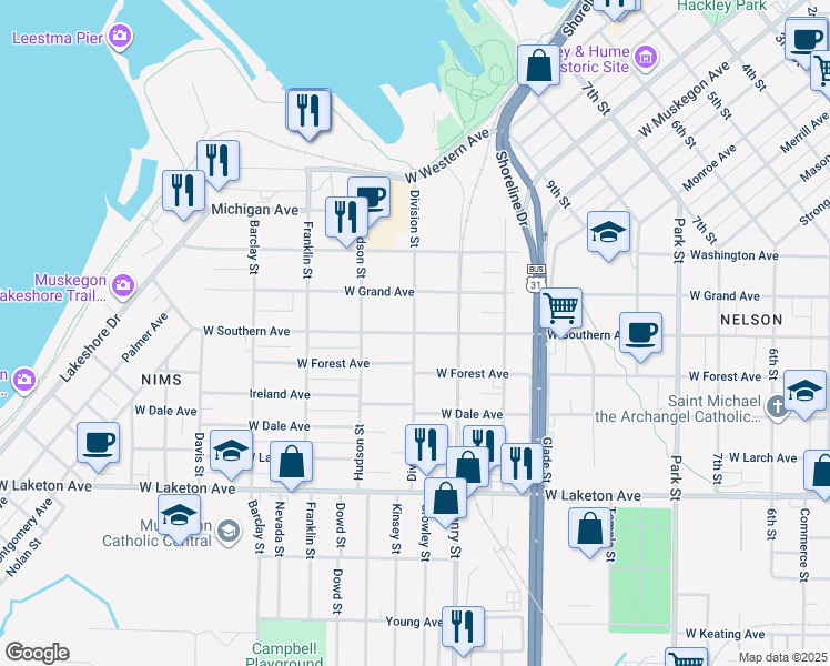 map of restaurants, bars, coffee shops, grocery stores, and more near 869 West Southern Avenue in Muskegon