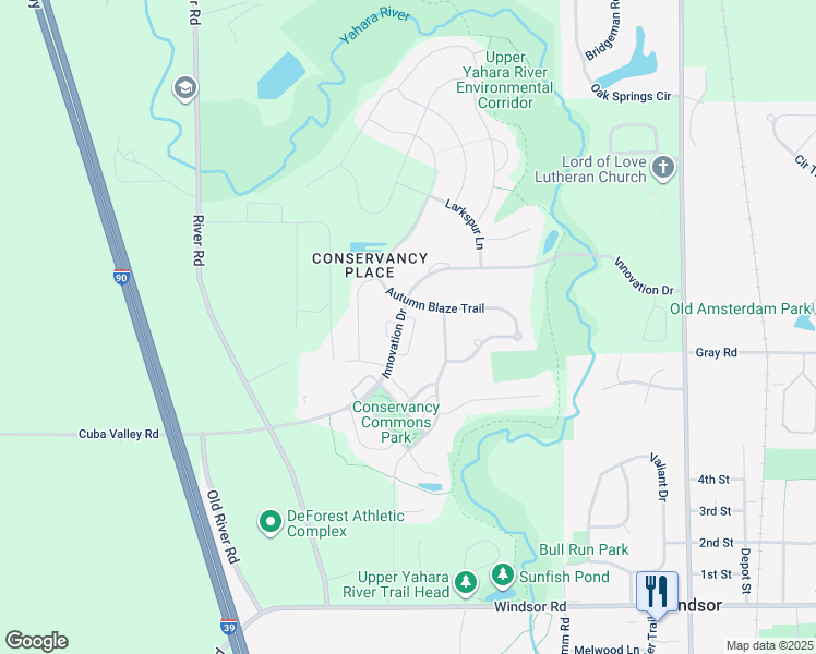 map of restaurants, bars, coffee shops, grocery stores, and more near 4815 Innovation Drive in DeForest
