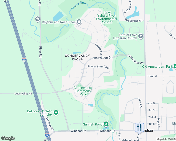 map of restaurants, bars, coffee shops, grocery stores, and more near 6839 Conservancy Plaza in DeForest